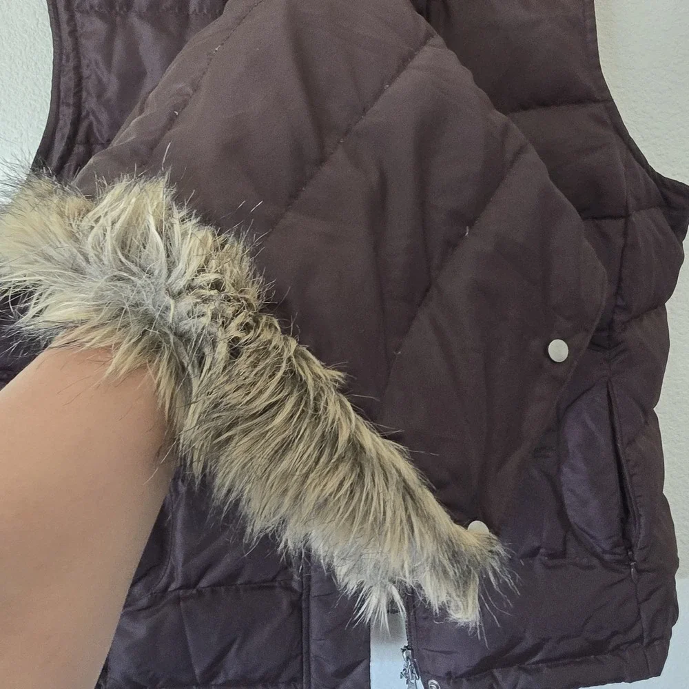 VTG Talbots Goose Down Puffer Vest Brown Full Zip Outdoor Removable Hood Large